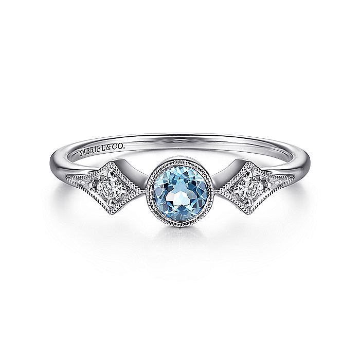 Gabriel & Co. LR51605W45BT 14K White Gold Round Blue Topaz and Diamond Three Stone Ring