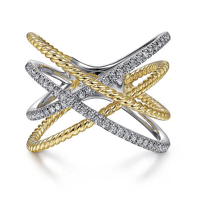 Gabriel & Co. LR51630M45JJ 14K White-Yellow Gold Twisted Rope and Diamond Criss Cross Ring