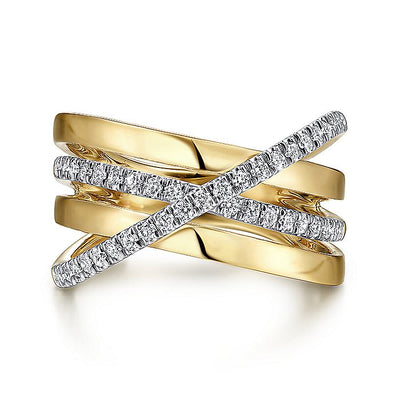 Gabriel & Co. LR51637M45JJ 14K White-Yellow Gold Polished Band and Diamond Row Criss Cross Ring