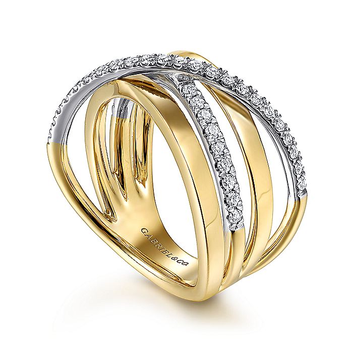 Gabriel & Co. LR51637M45JJ 14K White-Yellow Gold Polished Band and Diamond Row Criss Cross Ring