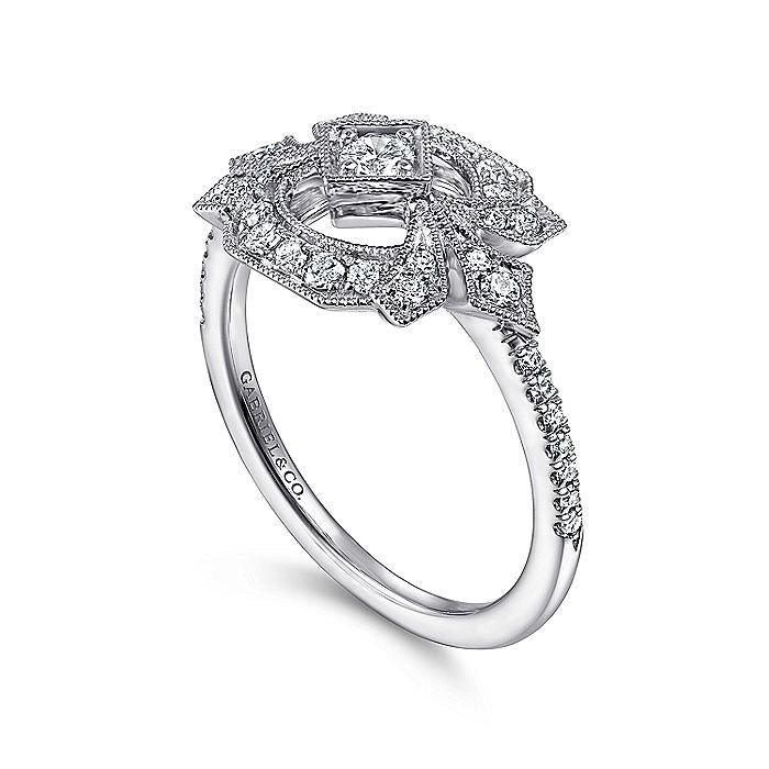 Gabriel & Co. LR51663W45JJ 14K White Gold Art Deco Floral Diamond Ring