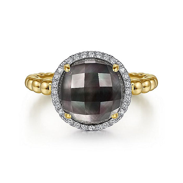 Gabriel & Co. LR51772Y45XB 14K Yellow Gold Round Rock Crystal/Black Pearl and Diamond Halo Ring