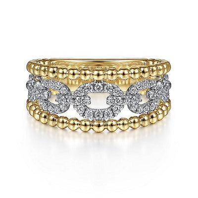 Gabriel & Co. LR51783M45JJ 14K White-Yellow Gold Pavé Diamond Link and Bujukan Bead Ring