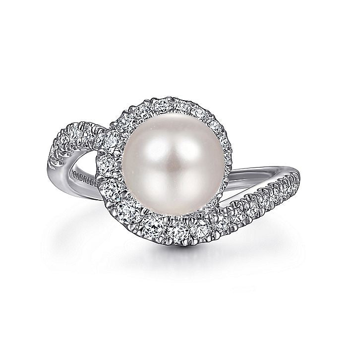 Gabriel & Co. LR51808W45PL 14K White Gold Pearl Ring with Curved Diamond Wrap Halo