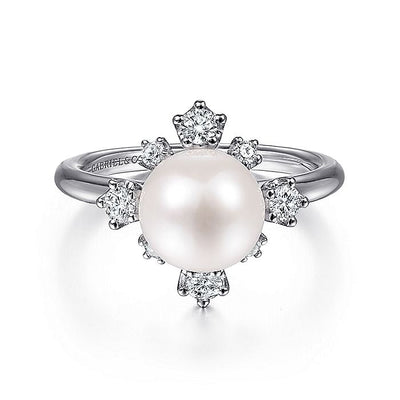 Gabriel & Co. LR51811W45PL 14K White Gold Pearl Ring with Bursting Diamond Halo