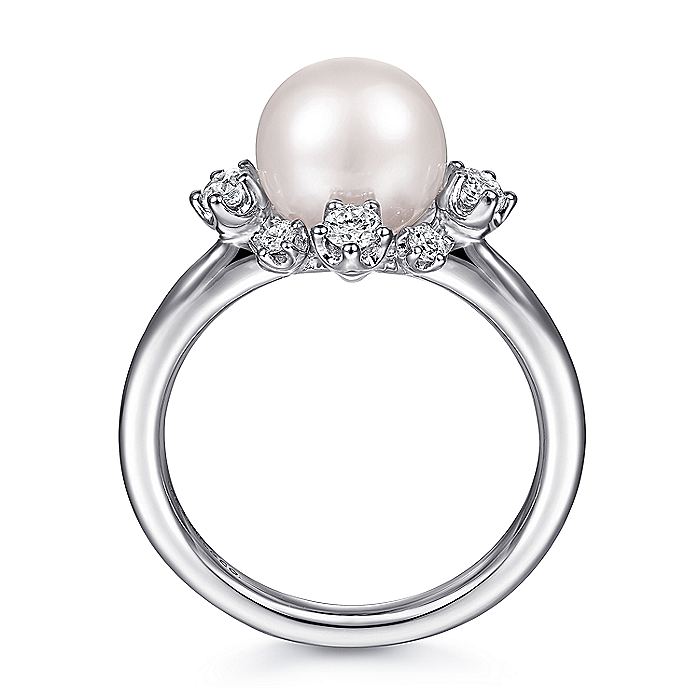 Gabriel & Co. LR51811W45PL 14K White Gold Pearl Ring with Bursting Diamond Halo