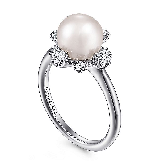 Gabriel & Co. LR51811W45PL 14K White Gold Pearl Ring with Bursting Diamond Halo