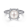 Gabriel & Co. LR51814W45PL 14K White Gold Pearl Ring with Diamond Halo