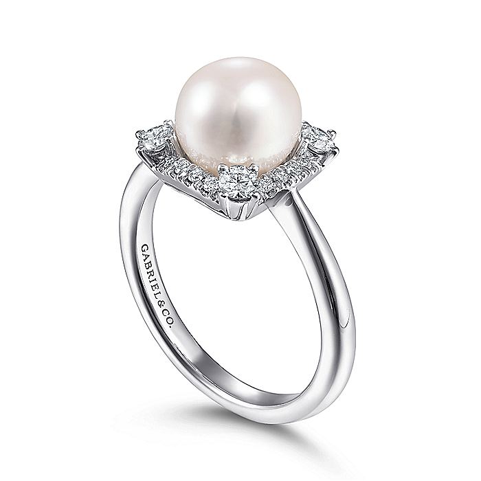 Gabriel & Co. LR51814W45PL 14K White Gold Pearl Ring with Diamond Halo