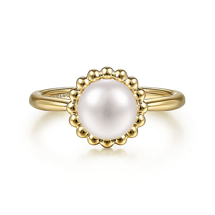 Gabriel & Co. LR51835Y4JPL 14K Yellow Gold Pearl Ring with Bujukan Beaded Halo