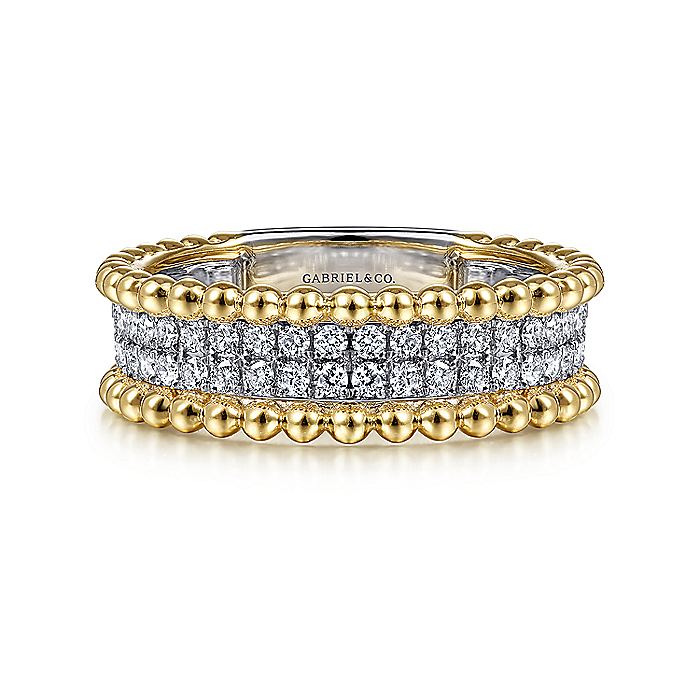 Gabriel & Co. LR52019M45JJ 14K White-Yellow Gold Three Row Diamond and Bujukan Bead Ring