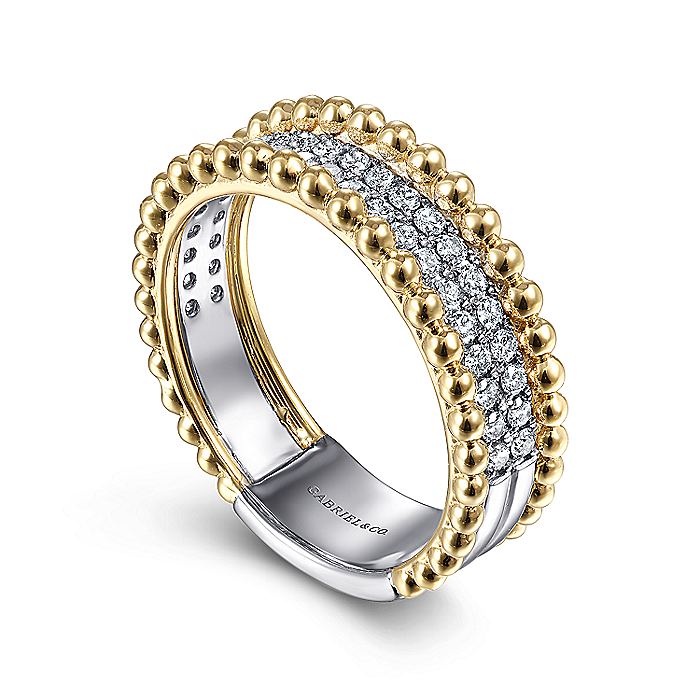 Gabriel & Co. LR52019M45JJ 14K White-Yellow Gold Three Row Diamond and Bujukan Bead Ring