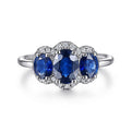 Gabriel & Co. LR52023W45SA 14K White Gold Diamond and Sapphire Oval Halo Three Stone Ring