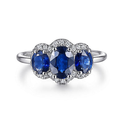 Gabriel & Co. LR52023W45SA 14K White Gold Diamond and Sapphire Oval Halo Three Stone Ring