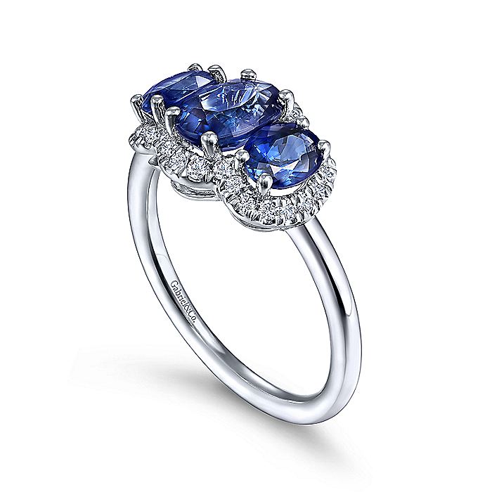 Gabriel & Co. LR52023W45SA 14K White Gold Diamond and Sapphire Oval Halo Three Stone Ring