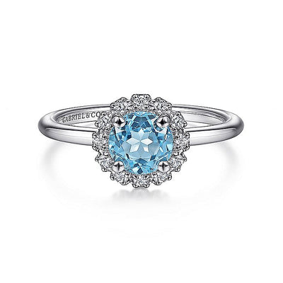 Gabriel & Co. LR52024W45BT 14K White Gold Round Blue Topaz and Diamond Halo Ring