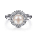 Gabriel & Co. LR52025W45PL 14K White Gold Pearl Ring with Diamond Double Halo