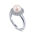 Gabriel & Co. LR52025W45PL 14K White Gold Pearl Ring with Diamond Double Halo