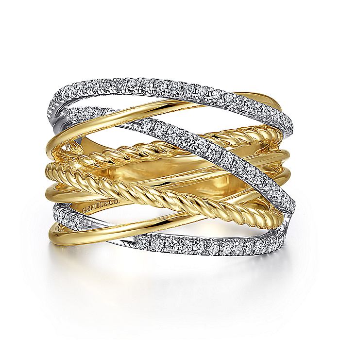 Gabriel & Co. LR52031M45JJ 14K White-Yellow Gold Twisted Rope and Diamond Criss Cross Ring