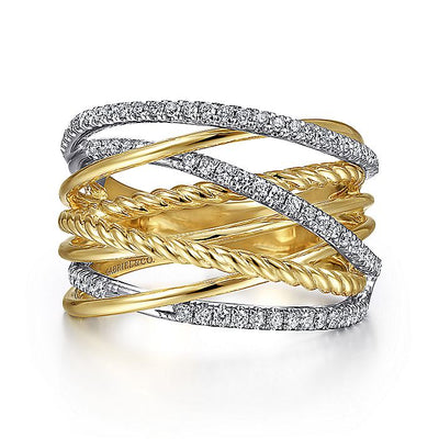 Gabriel & Co. LR52031M45JJ 14K White-Yellow Gold Twisted Rope and Diamond Criss Cross Ring