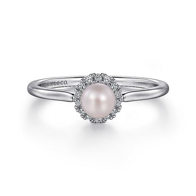 Gabriel & Co. LR52419W45PL 14K White Gold Pearl Ring with Diamond Halo