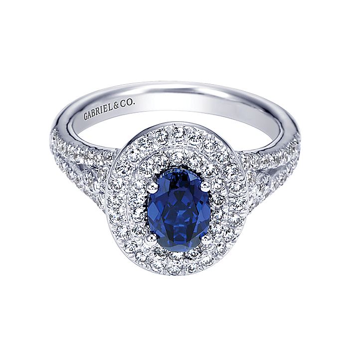 Gabriel & Co. LR6624W44SA 14K White Gold Oval Sapphire and Double Halo Diamond Ring