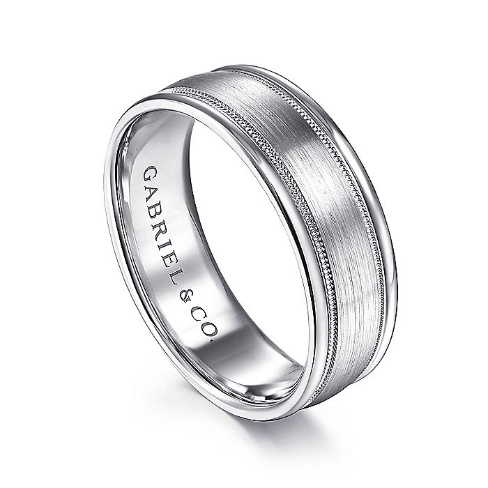 Gabriel & Co. MBH0133-70W4JJJ 14K White Gold 7mm - Satin Milgrain Channel Polished Edge Men's Wedding Band