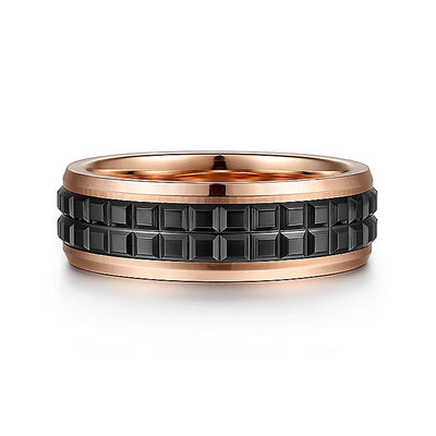 Gabriel & Co. MBH0171-70K4JCB 14K Rose Gold-Black Ceramic 7mm - Center Cubes and Beveled Edge Men's Wedding Band