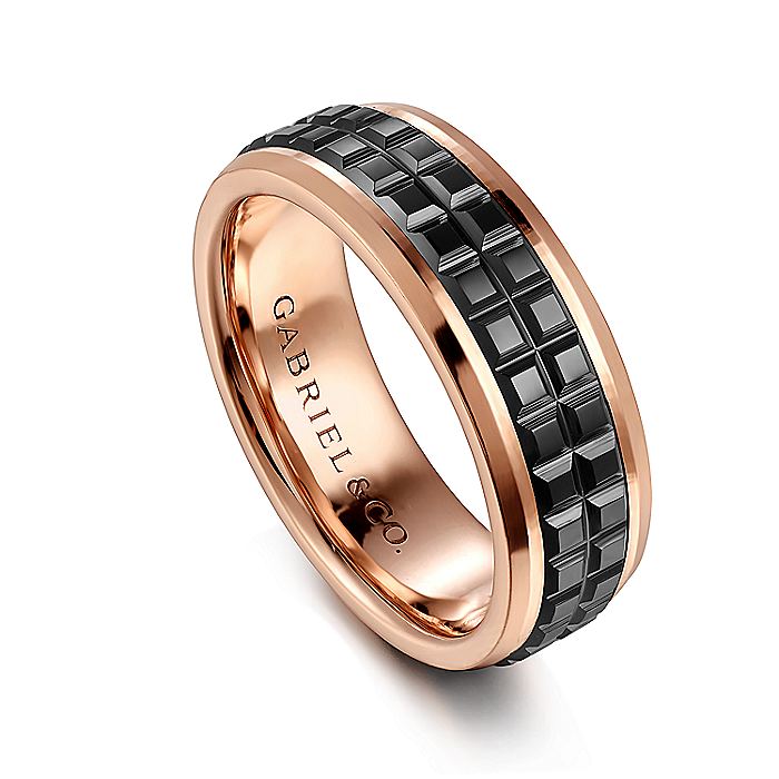 Gabriel & Co. MBH0171-70K4JCB 14K Rose Gold-Black Ceramic 7mm - Center Cubes and Beveled Edge Men's Wedding Band