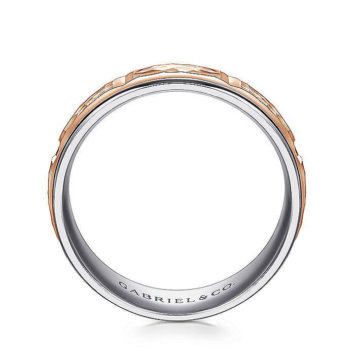 Gabriel & Co. MBM0116-70T4JJJ 14K White-Rose Gold 7mm - Hammered Center and Rounded Edge Men's Wedding Band