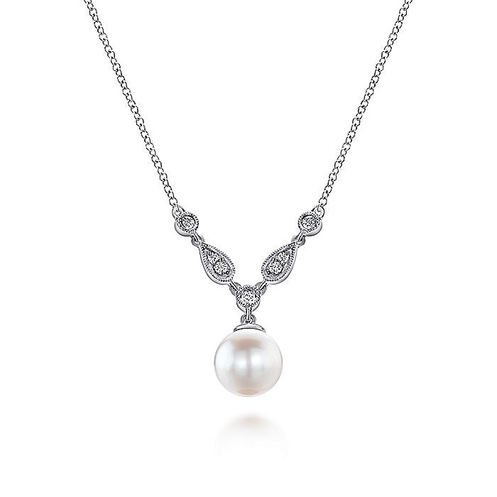 Gabriel & Co. NK1420W45PL 14K White Gold Cultured Pearl and Diamond Accent Necklace