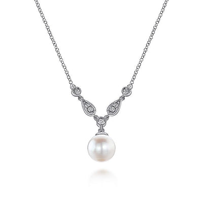 Gabriel & Co. NK1420W45PL 14K White Gold Cultured Pearl and Diamond Accent Necklace