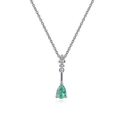 Gabriel & Co. NK1824W45EB 14K White Gold Pear Shaped Emerald and Diamond Drop Pendant Necklace