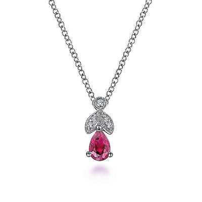 Gabriel & Co. NK2070W45RB 14K White Gold Ruby and Diamond Teardrop Pendant Necklace