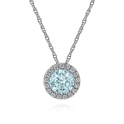 Gabriel & Co. NK2824W45AQ 14K White Gold Aquamarine and Diamond Halo Pendant Necklace