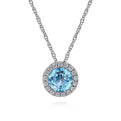 Gabriel & Co. NK2824W45BT 14K White Gold Round Swiss Blue Topaz and Diamond Halo Pendant Necklace