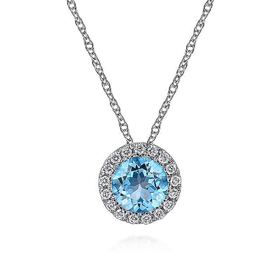 Gabriel & Co. NK2824W45BT 14K White Gold Round Swiss Blue Topaz and Diamond Halo Pendant Necklace