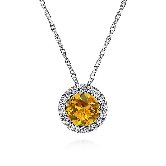 Gabriel & Co. NK2824W45CT 14K White Gold Round Citrine and Diamond Halo Pendant Necklace