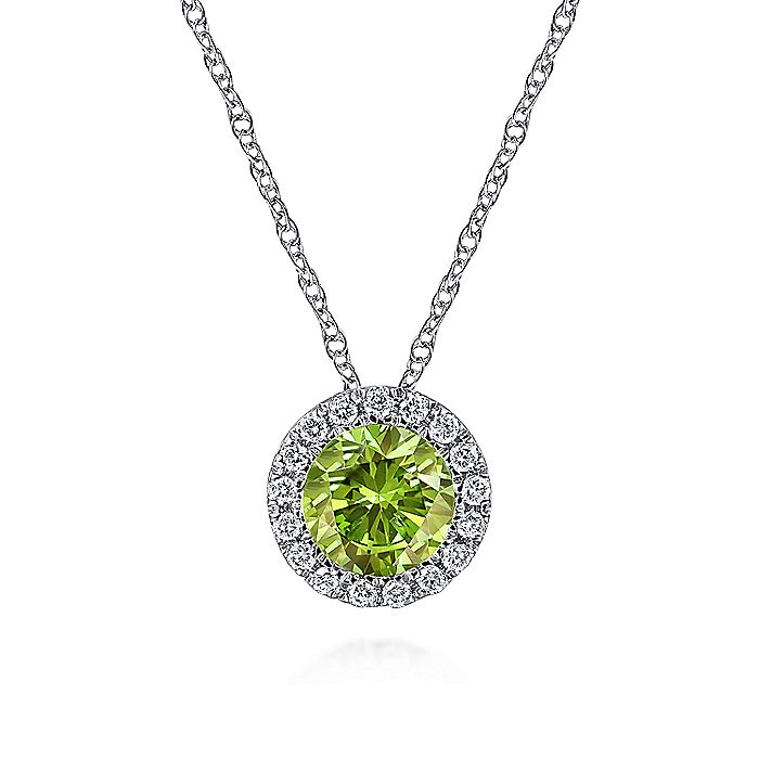 Gabriel & Co. NK2824W45PE 14K White Gold Peridot and Diamond Halo Pendant Necklace