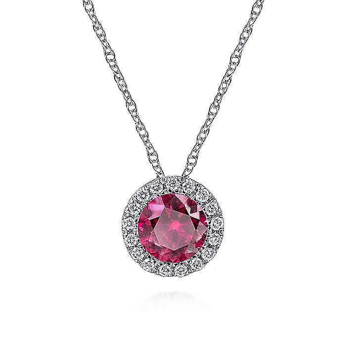 Gabriel & Co. NK2824W45RA 14K White Gold Ruby and Diamond Halo Pendant Necklace