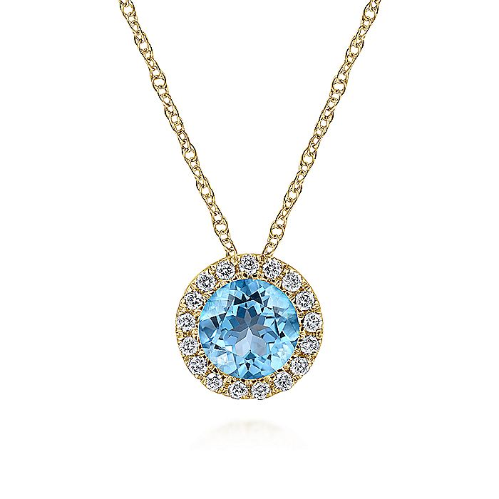 Gabriel & Co. NK2824Y45BT 14K Yellow Gold Round Swiss Blue Topaz and Diamond Halo Pendant Necklace