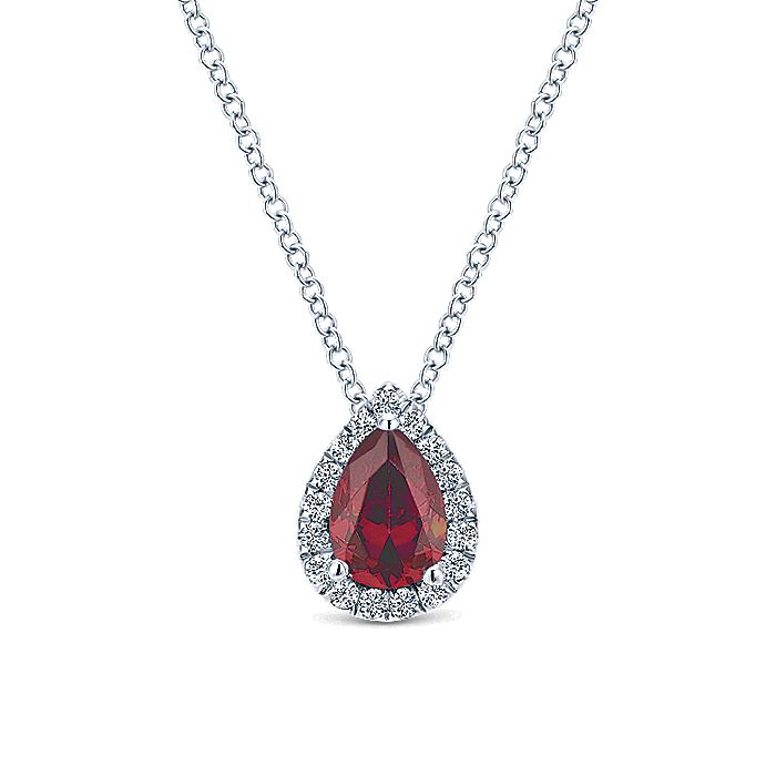 Gabriel & Co. NK3603W45RA 18 inch 14K White Gold Pear Shaped Ruby and Diamond Halo Pendant Necklace