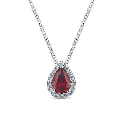 Gabriel & Co. NK3603W45RA 18 inch 14K White Gold Pear Shaped Ruby and Diamond Halo Pendant Necklace