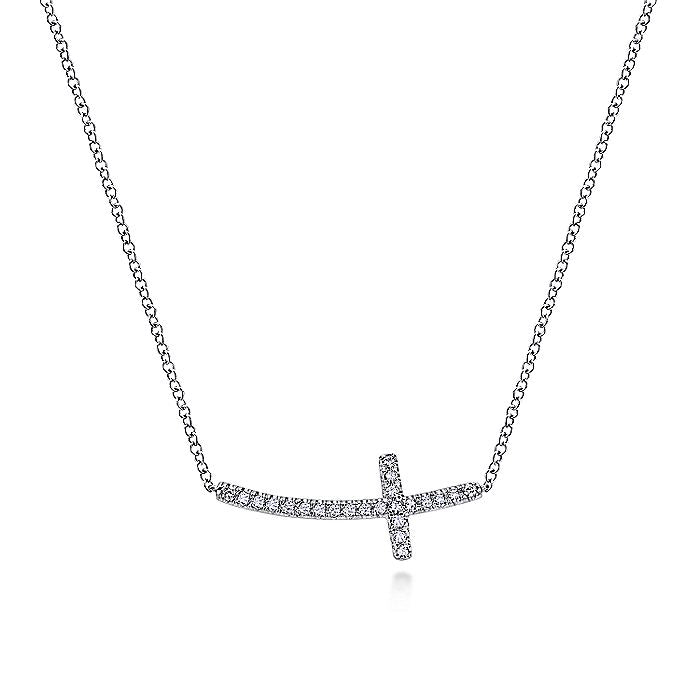 Gabriel & Co. NK4346W45JJ 14K White Gold Sideways Curved Diamond Cross Necklace