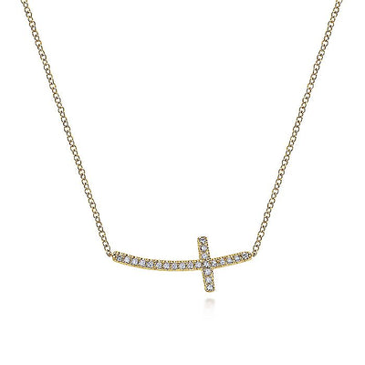 Gabriel & Co. NK4346Y45JJ 14K Yellow Gold Sideways Curved Diamond Cross Necklace