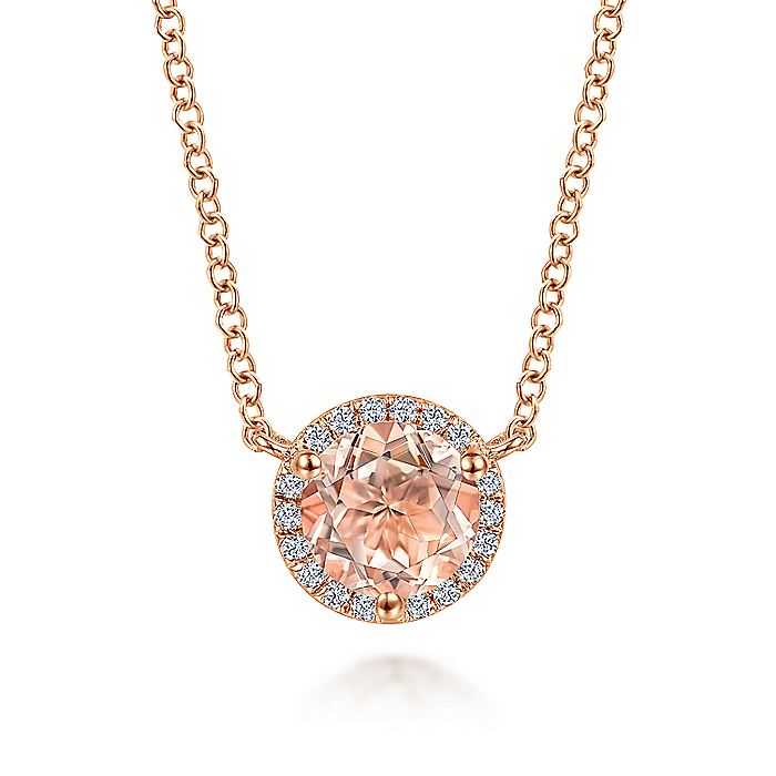 Gabriel & Co. NK4616K45MO 14K Rose Gold Round Morganite and Diamond Halo Pendant Necklace