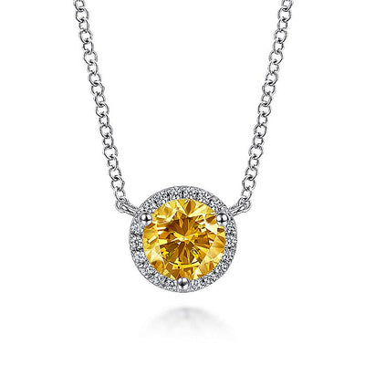 Gabriel & Co. NK4616W45CT 14K White Gold Round Citrine and Diamond Halo Pendant Necklace