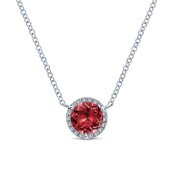 Gabriel & Co. NK4616W45GN 14K White Gold Round Garnet and Diamond Halo Pendant Necklace