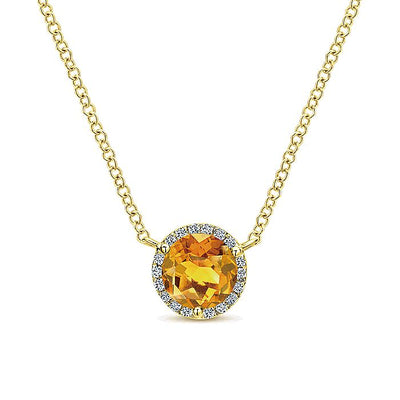 Gabriel & Co. NK4616Y45CT 14K Yellow Gold Round Citrine and Diamond Halo Pendant Necklace