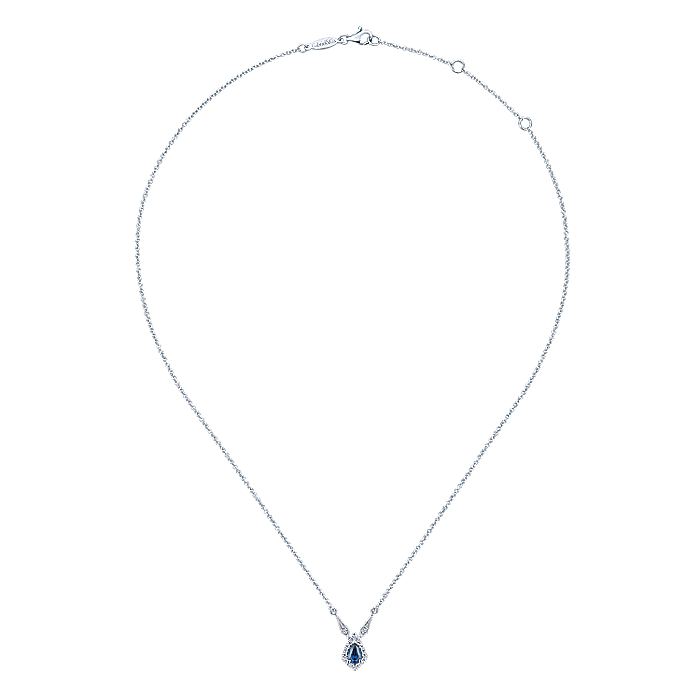 Gabriel & Co. NK5292W45SA Vintage Inspired 14K White Gold Teardrop Sapphire and Diamond Halo Pendant Necklace